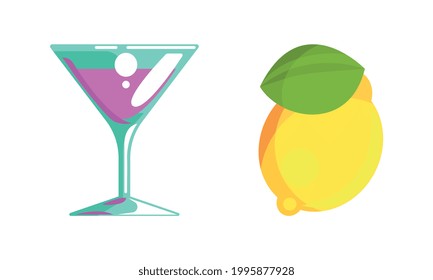 Casino Symbols Set, Cocktail Glass and Lemon Gambling and Online Games Signs Cartoon Vector Illustration