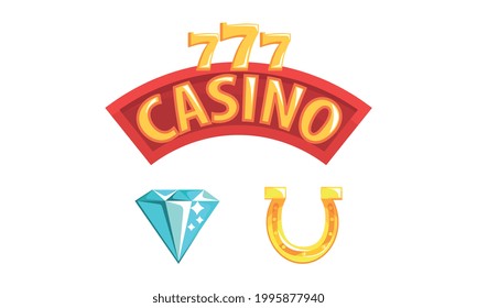 Casino Symbols Set, Horseshoe, Diamond, 777 Popular Gambling and Online Games Signs Cartoon Vector Illustration