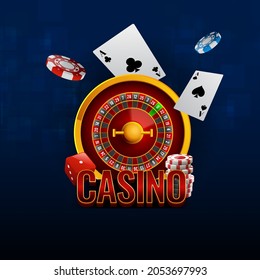 Casino Text With 3D Roulette Wheel, Ace Cards, Dices And Poker Chips On Blue Background.