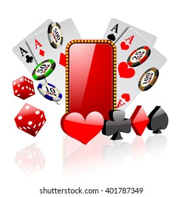 Casino theme with playing cards. dices and poker chips