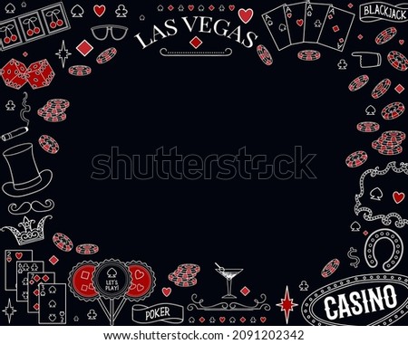 Casino theme poster. Decorative design elements on chalkboard. Gambling symbols. Vintage vector illustration