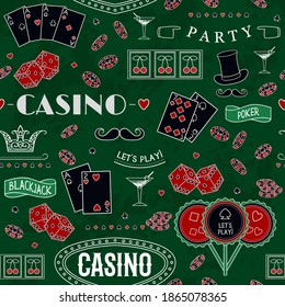 Casino theme. Seamless pattern with decorative elements on green texture cloth. Gambling symbols. Vintage vector illustration