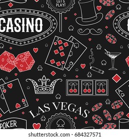 Casino theme. Seamless pattern with decorative elements on chalkboard. Gambling symbols. Vintage vector illustration