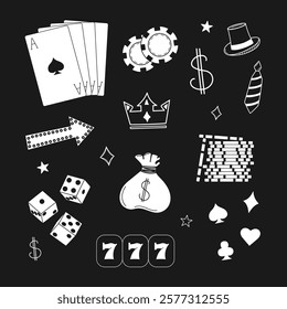 Casino themed vector illustration with gambling set doodles in black and white. Online games and entertainment-themed projects concept.