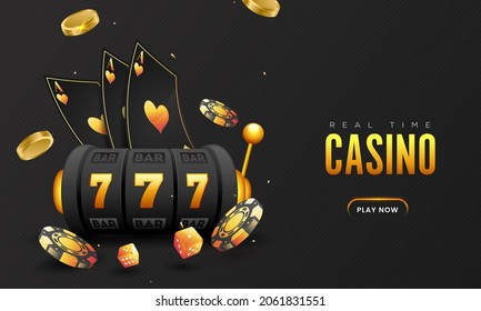 Casino Time Banner Design With 3D Slot Machine, Ace Cards, Dices, Poker Chips And Golden Coins On Black Background.