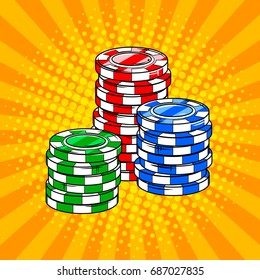 Casino token chips pop art style vector illustration. Comic book style imitation.