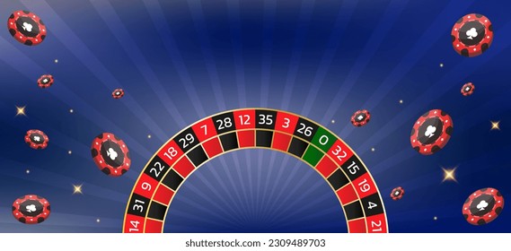 Casino tournament, roulette and chips banner. Can be used as a flyer, poster or advertisement. Vector illustration on a blue background.