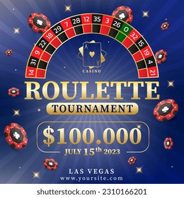 Casino tournament, roulette and chips banner. Can be used as a flyer, poster or advertisement. Vector illustration on a blue background.