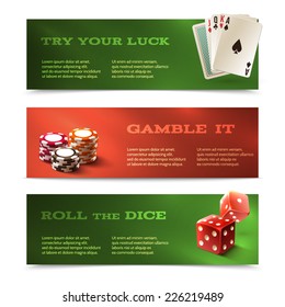 Casino try your luck gamble it roll the dice horizontal banners set isolated vector illustration