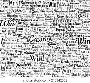 Casino typographic black and white seamless text background. Vector illustration.