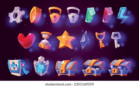 Casino ui game icon set with chest, coin and heart. Cartoon vector magic kit for online mobile app store interface with hourglass, lightning, flask and star. Glow loot object collection for winner.