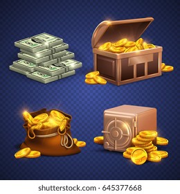 Casino Vector 3d Signs And Money Icons. Dollars, Gold Coins In Safe Deposit And Moneybag