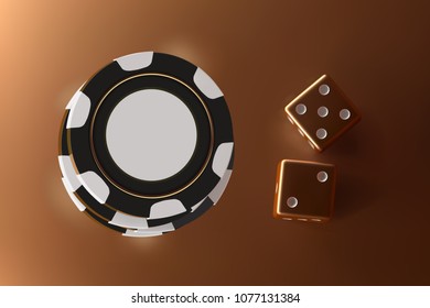 Casino vector background dice and chips. Top view of golden dice and chips on gold background. Online casino table concept with place for text on the chip.