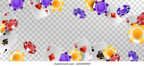 Casino Vector Background, VIP Poker Gambling Game Poster, Flying Chips, Playing Cards Vegas Banner. Online Blackjack Lucky Frame, Success Transparent Illustration. Entertainment Casino Background