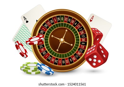 Casino vector concept. Casino roulette, chips, dice and cards isolated on white background