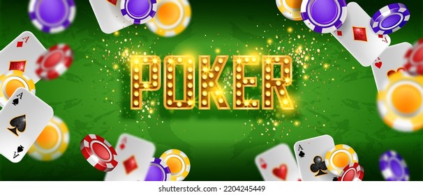 Casino vector green table background, VIP poker gambling game poster, flying chips, playing cards. Online blackjack lucky frame, shiny bulbs luxury golden glitter. Entertainment casino background