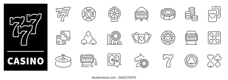 Casino vector icon set. Gambling icons. Casino, poker, gamble games, gambling, dice, playing cards, slot thin line icon collection. Editable stroke