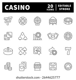 Casino vector icon set. Gambling icons. Casino, poker, gamble games, gambling, dice, playing cards, slot thin line icon collection. Editable stroke
