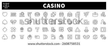 Casino vector icon set. Gambling icons. Casino, poker, gamble games, gambling, dice, playing cards, slot  thin line icon collection. Editable stroke 