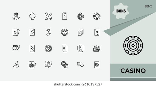 Casino vector icon set. Includes thin line symbols bet, jackpot, gambling, gamble, poker, card and more. Minimalist linear icons. Dice simple icon. Editable vector stroke.