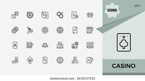Casino vector icon set. Includes thin line symbols bet, jackpot, gambling, gamble, poker, card and more. Minimalist linear icons. Dice simple icon. Editable vector stroke.