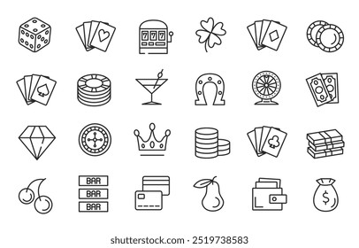 Casino vector icons. Black flat icons isolated on white background. Big set