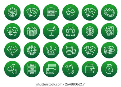Casino vector icons. Green round icons isolated on white background. Big set