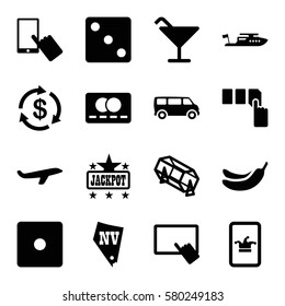 Casino vector icons. Set of 16 Casino filled icons such as Cocktail, Money, credit card, Dice, Poker on phone, Banana, lottery, finger on tablet, finger on display, Jackpot
