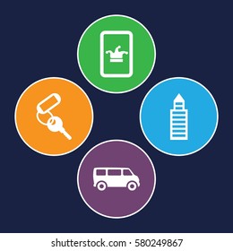 Casino vector icons. Set of 4 Casino filled icons such as Poker on phone, key, building