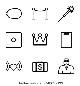 Casino vector icons. Set of 9 Casino outline icons such as Money case, Dice, security guy, heart, Lemon, Crown, Red carpet barrier, cutting board