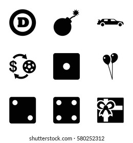 Casino vector icons. Set of 9 Casino filled icons such as Casino chip and money, Dice, explosion, car, balloon, gift