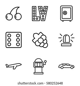 Casino vector icons. Set of 9 Casino outline icons such as Safe, Dice, siren, Cherry, Grape, Slot machine, plane, car