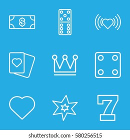 Casino vector icons. Set of 9 Casino outline icons such as Hearts, Money, Dice, domino, heart, explosion, 7 number, Crown