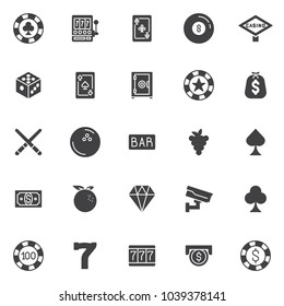 Casino vector icons set, modern solid symbol collection, filled style pictogram pack. Signs, logo illustration. Set includes icons as Clover chip, Slot machine with sevens, Pool ball, Dice, Diamond