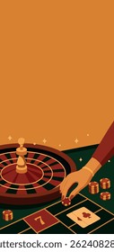 Casino. Vector illustration banner with space for text of a woman's hand making a bet in a casino against the background of roulette, chips, playing cards. Gambling, jackpot, luck. For casino projects