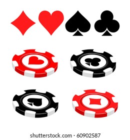 Casino vector illustration (black and red cards, suits, chips)