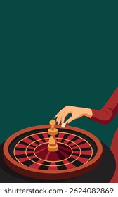 Casino. Vector illustration with space for text, female hand betting on casino roulette. Elegant minimalist aesthetics. Gambling, night atmosphere in dark red and green tones. For casino project