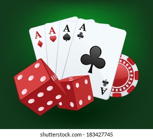 Casino vector splash. Illustration of red dices, cards and chips