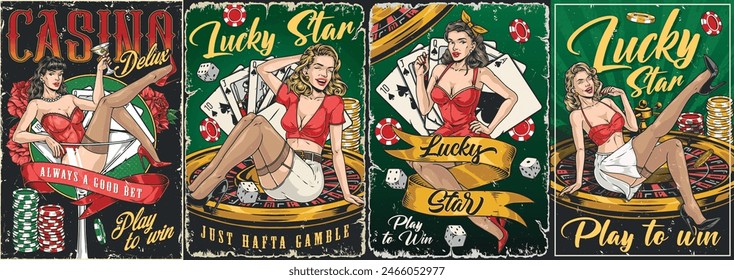 Casino vegas set flyers colorful with beautiful girls on roulette tables near poker cards and playing chips vector illustration