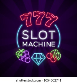 Casino vegas vector poster with slot machine bright neon icons. Jackpot and poker, casino banner with slot machine illustration