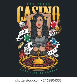 Casino vegas vintage sticker colorful with beauty near roulette table and gambling chips to search for fortune vector illustration