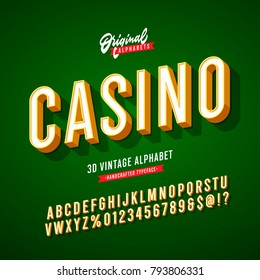 'Casino' Vintage 3D Sans Serif Condensed Alphabet with Rich Colors. Retro Typography. Vector Illustration.