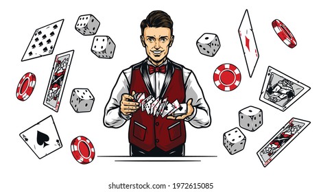 Casino vintage colorful concept with smiling croupier shuffles playing cards falling dice poker chips and cards on white background isolated vector illustration