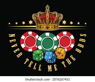 Casino vintage colorful design with lettering ornate royal crown dice and gambling chips on dark background isolated vector illustration