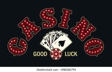 Casino vintage colorful emblem with red glowing inscription with light bulbs gambling chip royal flush of spades poker hand isolated vector illustration