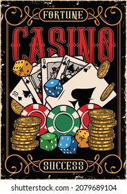 Afiche de colores de la época del casino con monedas de oro fichas de juego dados rienda real de espadas de póquer vectorial ilustración de la mano