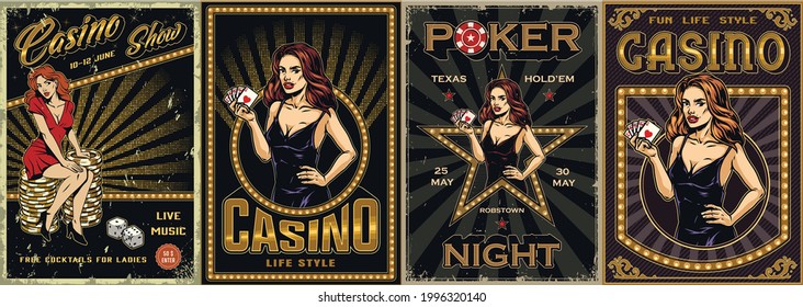 Afiches coloridos de la época del casino con marcos brillantes con bombillas de luz bonita mujer sentada sobre fichas de póquer apilan señoras atractivas sosteniendo cartas con un toque real de corazones ilustración vectorial