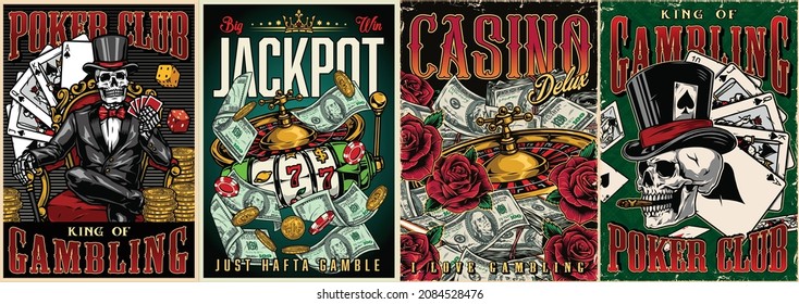 Casino vintage colorful posters with skeleton gambler in tuxedo royal flush of spades poker hands roses dollar bills slot machine roulette wheels skull smoking cigar in top hat vector illustration