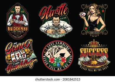 Casino vintage colorful prints with pretty poker lady dice slot machine roulette wheel gambling chips lucky man with dollar bills croupier shuffles playing cards crown isolated vector illustration