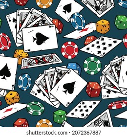 Casino vintage colorful seamless pattern with royal flush of spades poker hand falling gambling chips dice and playing cards vector illustration